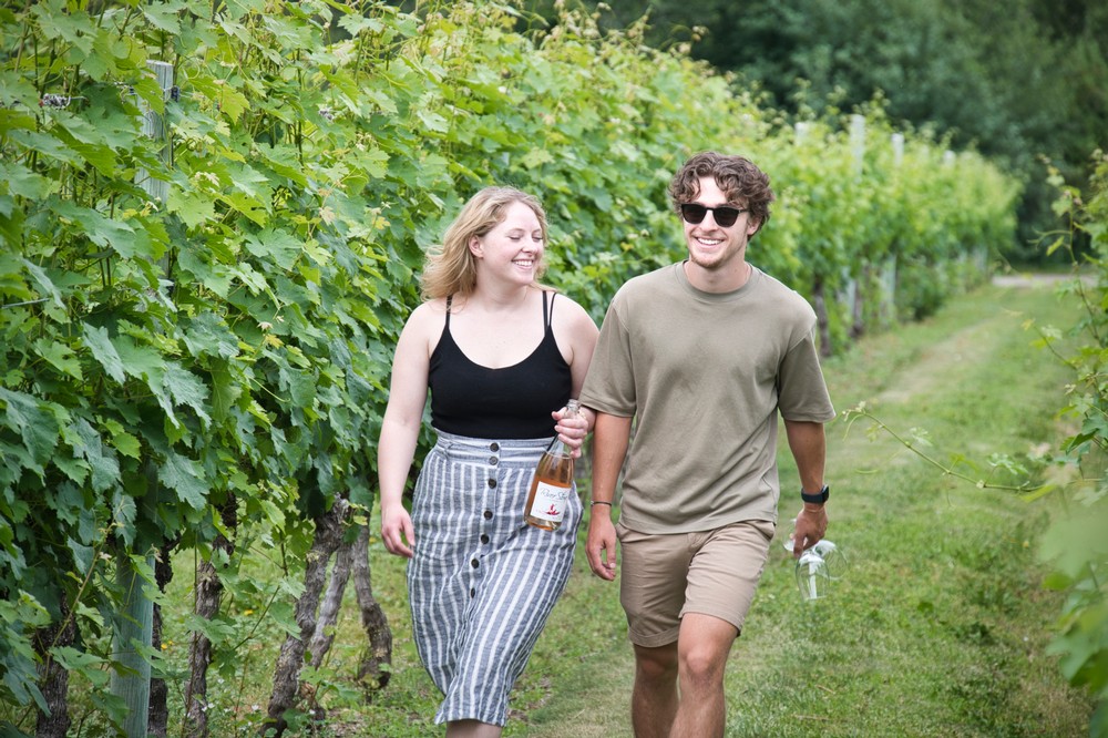 Stroll through the vineyard with a bottle of rose wine.