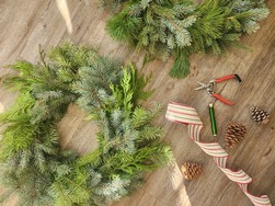 Holiday Wreath on wooden background